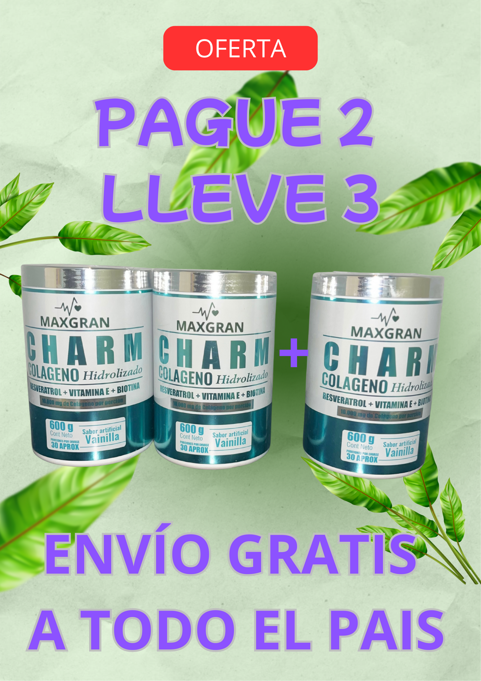 2 colágenos Hidrolizados con Resveratrol, Vitamina E y Biotina. lleva el 3ro "Gratis" 🎁