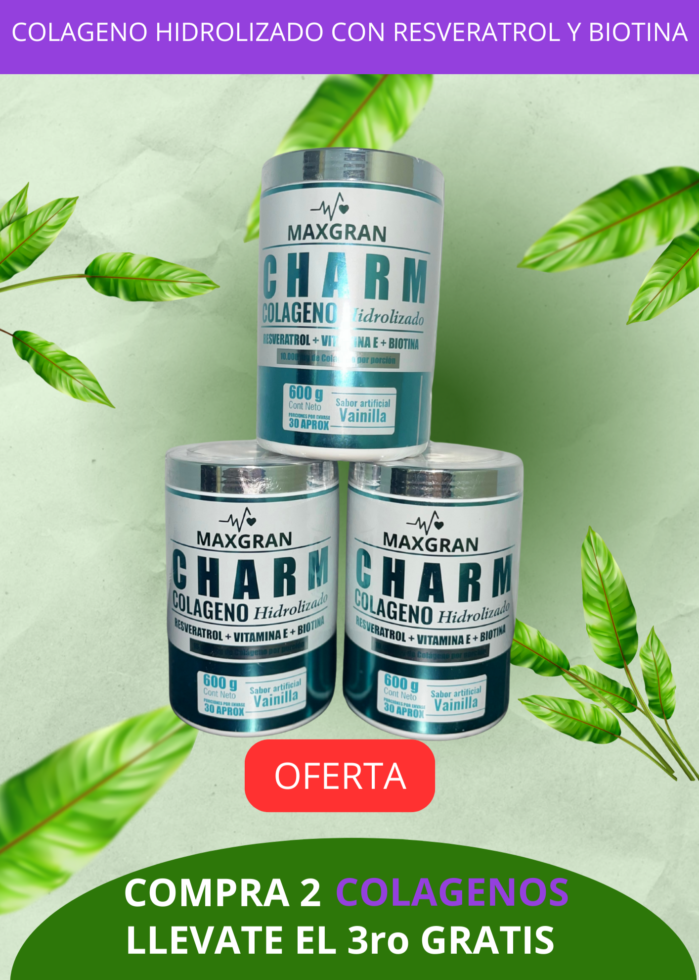 2 colágenos Hidrolizados con Resveratrol, Vitamina E y Biotina. lleva el 3ro "Gratis" 🎁